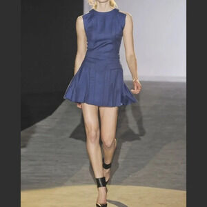 HAKAAN Designer Blue Structured Pleated Mini Dress Wool Silk Seamed Classic sz.8